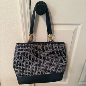 Tommy Hilfiger Navy and White Monogram Tote with Gold Hardware
